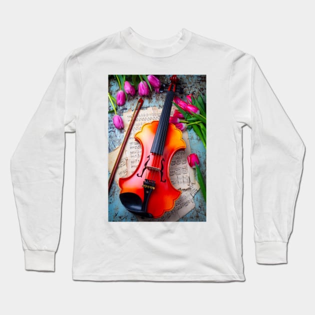 Baroque Violin And Pink Tulips Long Sleeve T-Shirt by photogarry